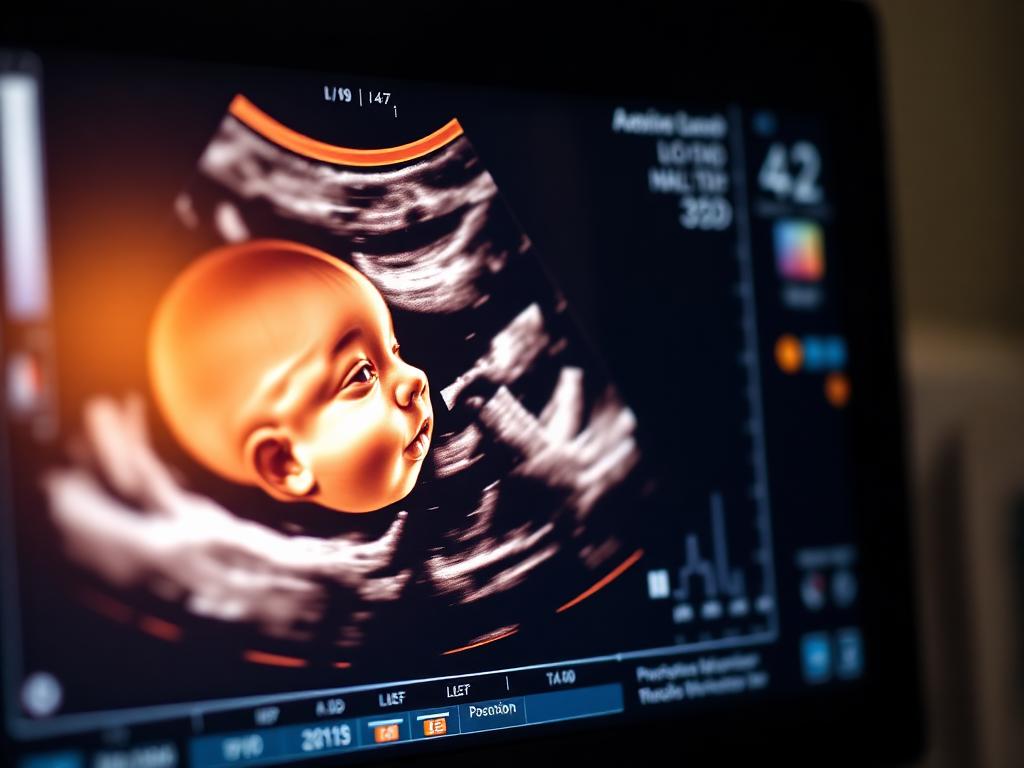 3D/4D ultrasound scan of a baby displayed on a clinic monitor